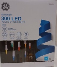 GE StayBright 300 Icicle Light String Holiday Christmas Multi LED On White Wire