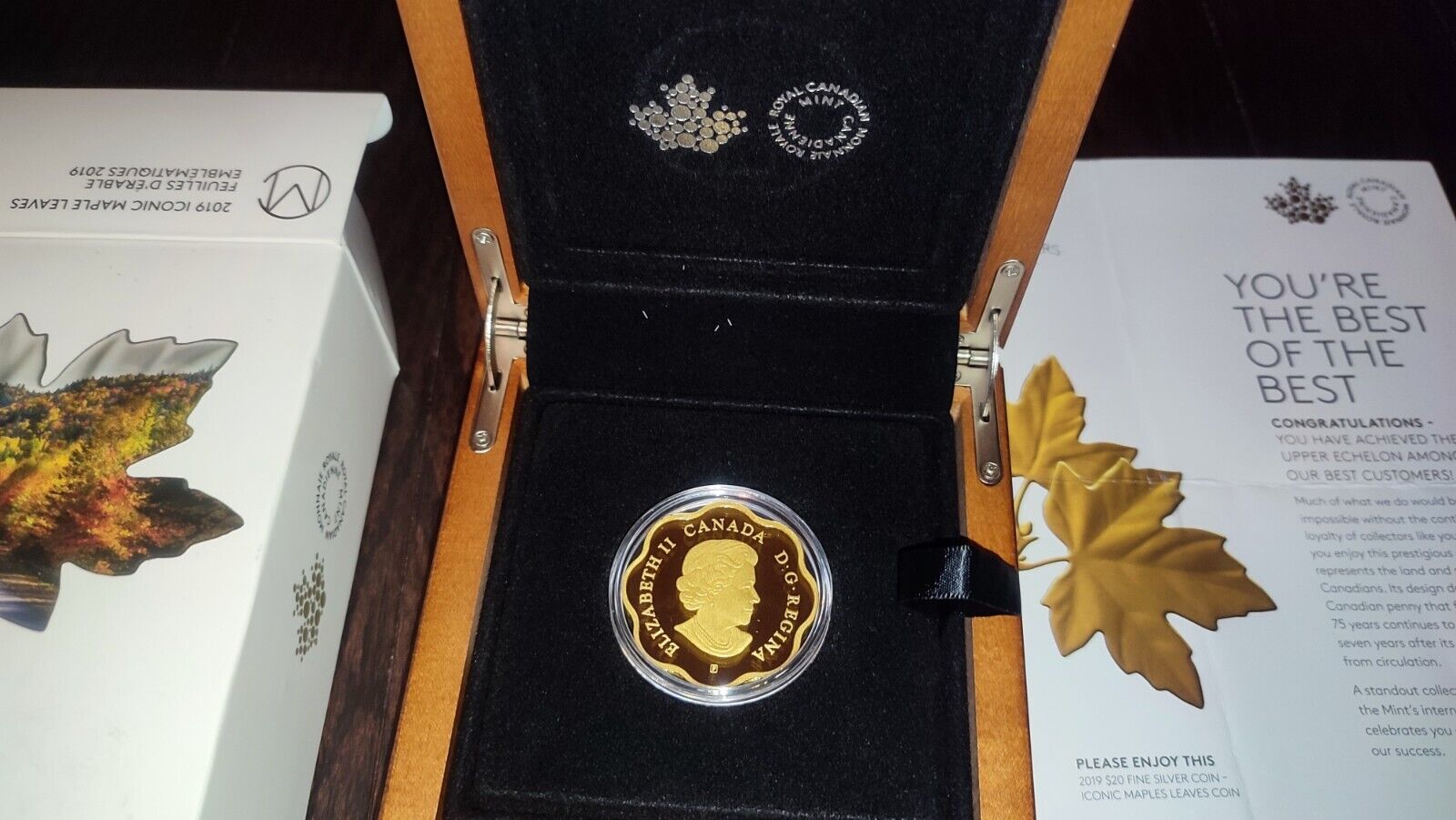 🍁🍁 2019 CANADA $20 FINE SILVER 9999 ICONIC MAPLE LEAF GOLD PLATE Masters Club