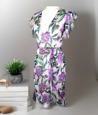Vone  Hi Lo Dress Womens Size 6 Geni Ruffle Sleeve Purple Green Floral Leaves