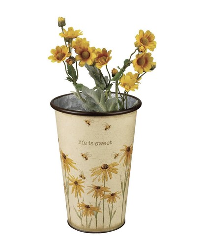 Set of 2 Bucket Set Flower Vase 'bee-u-tifle" "life is sweet" Galvanized Metal - Picture 2 of 4