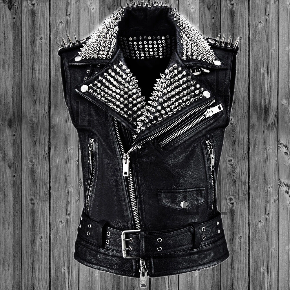 New Men s Black Sleeve Less Studded Long Spikes Genuine Leather Fashion Jacket