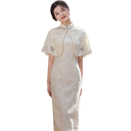 Lady Midi Evening Party Prom Red Lace Cheongsam Retro Cape Shoulder Qipao Dress - Picture 6 of 17