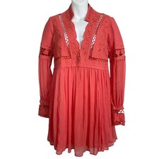 Free People Coral Eyelet Crochet Mini Dress Long Sleeves Size 4