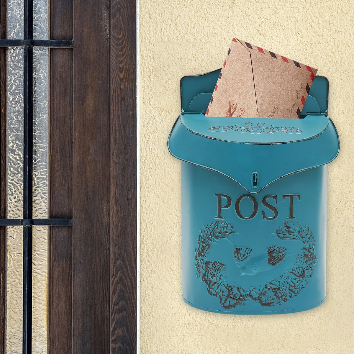 Retro Vintage Mailbox Cast Iron Blue Wall Mount American