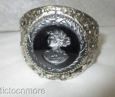 VINTAGE WHITING & DAVIS VICTORIAN REVIVAL CARVED HEMATITE CAMEO HINGED CUFF
