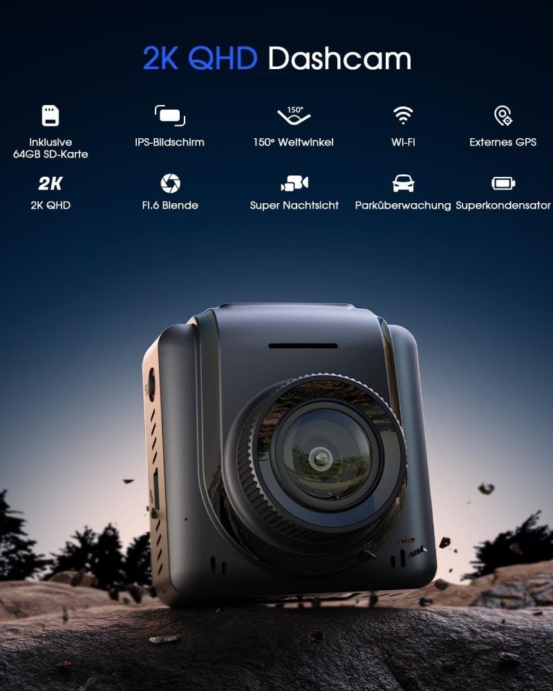 Dashcam 2K 1440P Vorne Autokamera WIFI GPS G-Sensor 24 Std. Parkmodus Nachtsicht