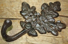 3 Cast Iron Antique Style Rustic OAK LEAF Coat Hooks Hat Hook Rack Towel Acorn