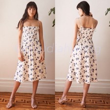 New REFORMATION Sable Blueberries White Smocked Tie Strap Midi Slip Dress Sz S