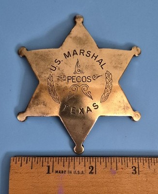 Vintage Brass U.S. Marshal Pecos Texas Badge Replica Novelty 1970