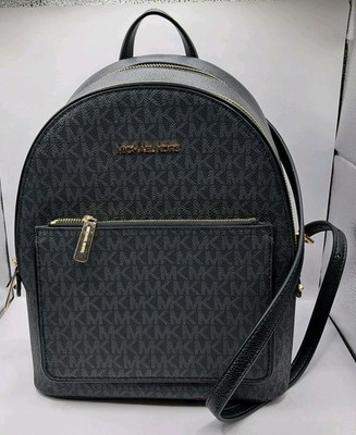 Michael Kors Women's Abbey MK Signature LARGE Black Backpack Jacquard Gold Logo