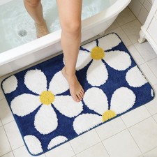 Cute Flower Bath Mat NonSlip TPR Ultra Soft Microfiber Rug Navy 24x16"
