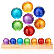 7pcs 40mm Multicolor Crystal Solid Ball Glass Spheres with LED Wooden Base Ni...