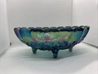 Vintage Indiana Carnival Glass Blue Iridescent Harvest Grape Footed Fruit Bowl
