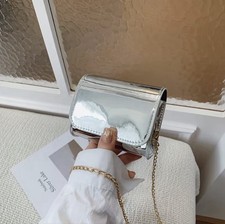 Metallic Silver Crossbody Bag Gold Chain Strap Magnetic Closure Women's Handbag