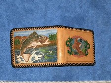Vtg Hand Tooled Painted Leather Wallet Classic Fishing Design Hand Crafted byBJL