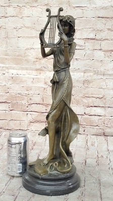 19`` Art Deco Sculpture Goddess Woman Girl Play Harp Bronze Statue Sale Figurine