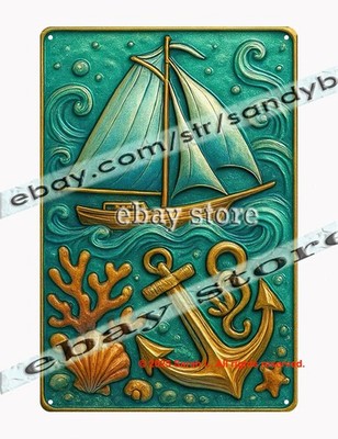 Sailboat Anchor Tin Sign Nautical Sea Wall Art 3D effect