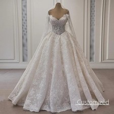 Ball Gown Lace Wedding Dresses Long Sleeves V Neck Pearls Corset Bridal Gown