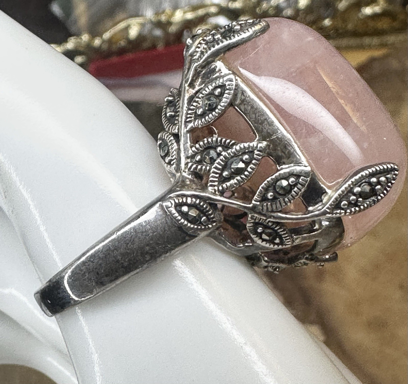 Large Statement Square Rose Quartz Marcasite 925 … - image 1