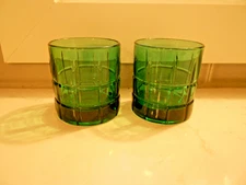 2 Anchor Hocking Emerald Green Tartan Double Old Fashion Glasses 3 1/2”