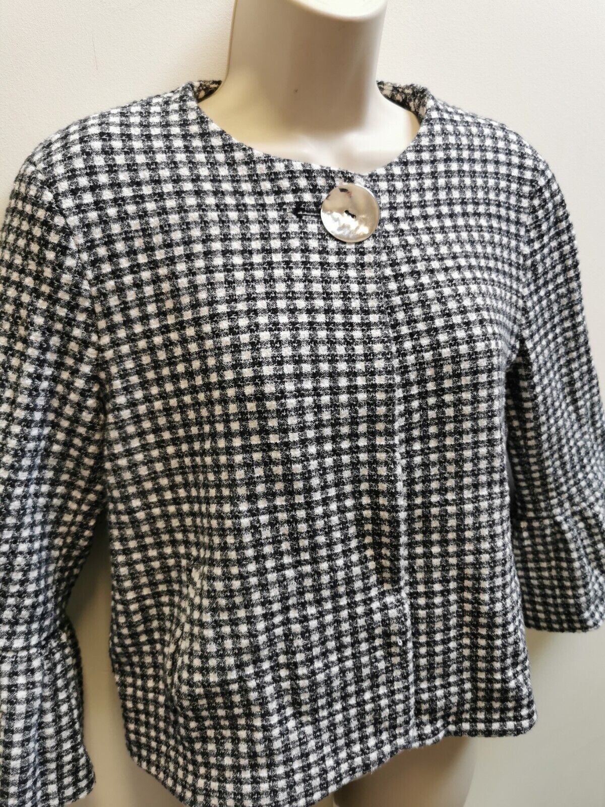 ZARA WOMEN'S TEXTURED HOUNDSTOOTH BLAZER Jacket WHITE/BLACK SIZE L thumbnail 2