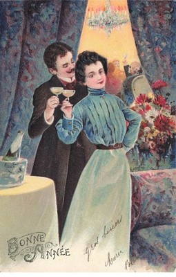 Embossed Card - Happy New Year - Couple with Champagne Cups at a
