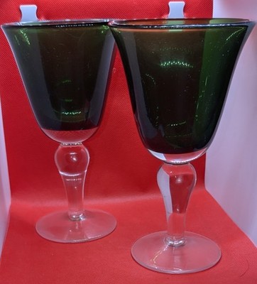 Lot Of 2 ~ Evergreen  Blown Water Goblet With Clear Base 8 1/8  ~ 12oz