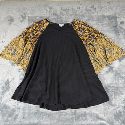 Umgee Women's Small Mini Dress Black Waffle Knit Patch Work Blend Boho Trendy V