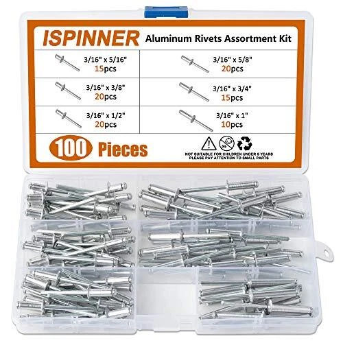 ISPINNER 100Pcs 6 Sizes Aluminum Blind Rivets Pop Rivets