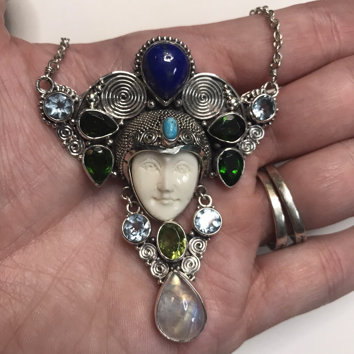 Bali Goddess Carved Face Necklace Multi Gem Stone 20 Inch Sterling