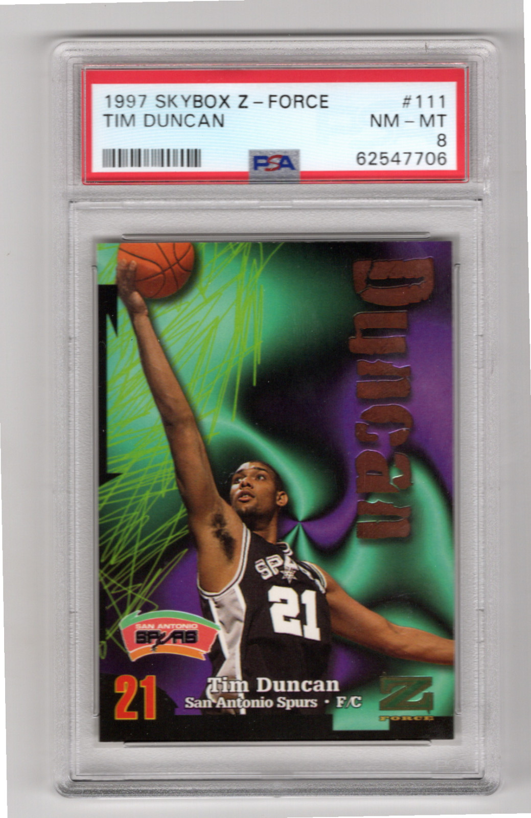 1997 Skybox Z-Force Tim Duncan Rookie RC #111 PSA 8 NEARMINT-MINT