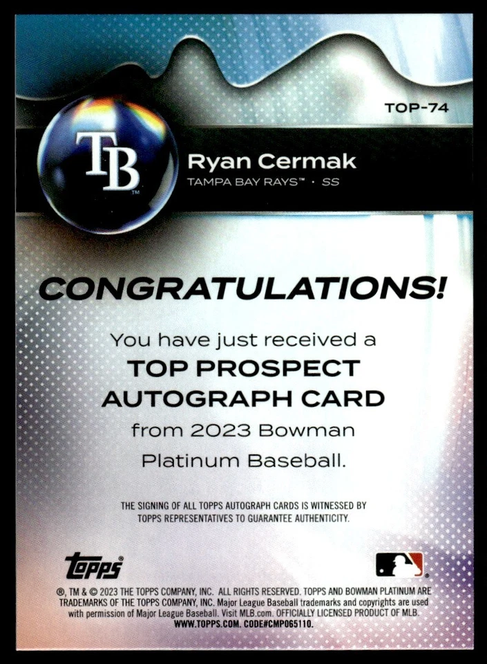 2023 Bowman Platinum Top Prospects Autographs Ryan Cermak Auto Tampa Bay Rays - Image 2 of 2