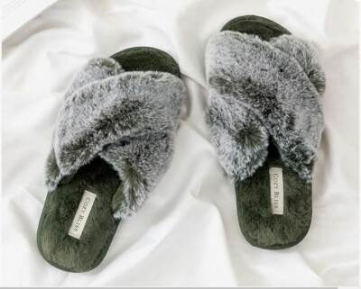 Cozy Bliss Women's Faux Fur Slippers Cross Band Open Toe Breathable Fuzzy  Fluffy