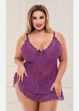 New Queen Size Purple Mini Lace Chemise Babydoll Spaghetti Strap with Full Back