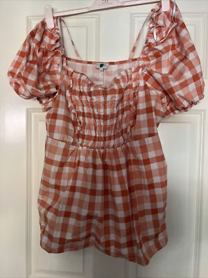 River Island Orange Gingham Check Puff Sleeve Milkmaid Peplum Blouse Size  24 UK