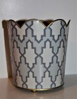 Vtg METAL Footed WHITE/GRAY Mini Vanity WASTEBASKET w/Scallops GOLD Edges SMALL — photo 1