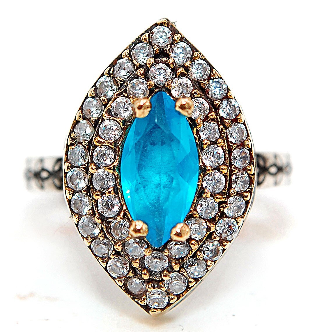 Ottoman Empire Inspired 2CT Aquamarine Topaz Sterling Silver Ring Size 5.5 Adjustable H3-7