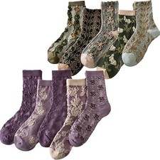 5 Pairs Womens Cotton Crew Socks Lot Ladies Floral Design Casual Socks 6-9