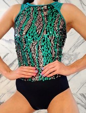 Kids Weissman green, black, and bronze sequined dance leotard
