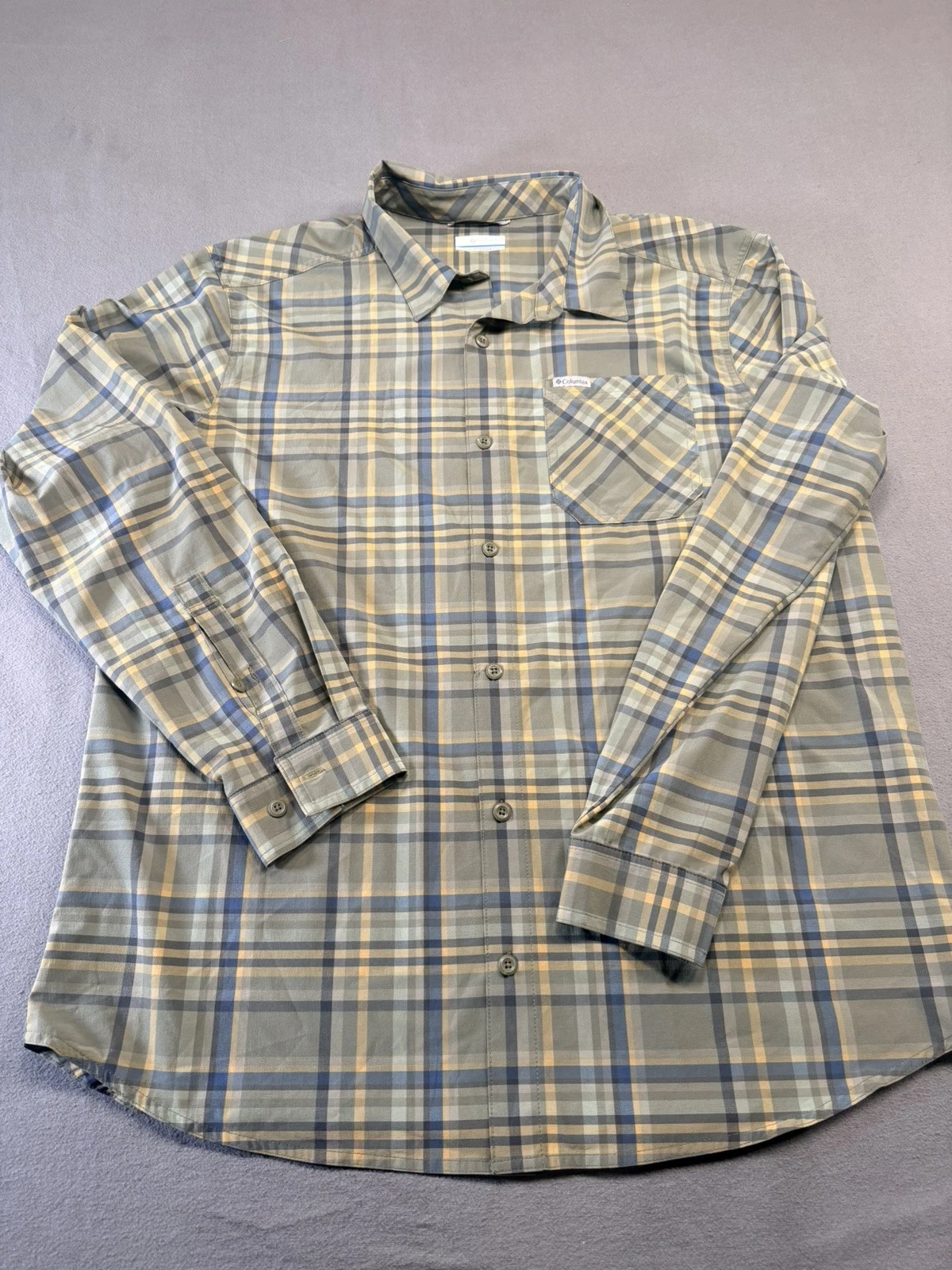 Columbia Shirt Mens XL Green Plaid Stretch Button Front Long Sleeve Outdoor