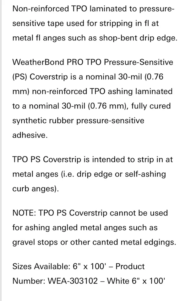 Weatherbond Marke TPO 6” x 100’ druckempfindliche Abdeckleiste - Farbe Weiß - Bild 2 von 2