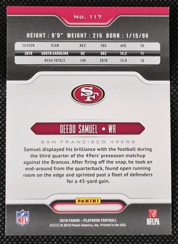 2019 Panini Playbook Deebo Samuel Rookie Card RC No. 117 49ers Commanders - Picture 4 of 6