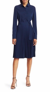 Akris Punto Navy Belted Pleated Long Sleeve Midi Shirt Dress sz 14