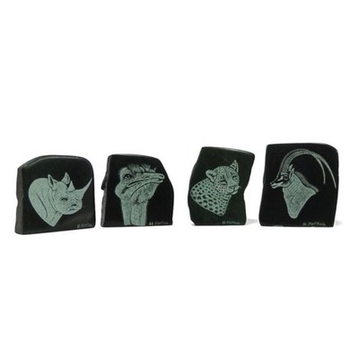 Animal Etched Stone Small Green Verdite Blocks Hand Carved Set from South Africa