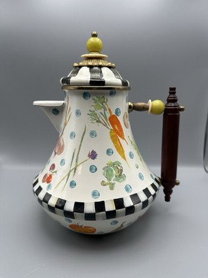 VTG Retired Mackenzie-Childs Torquay Enamel 2qt Coffee Tea Wood Handle Veggies