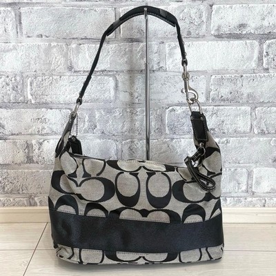 バッグ COACH Signature One Shoulder Bag Black COACH Signature One Shoulder Bag Black Gray Canvas Leather