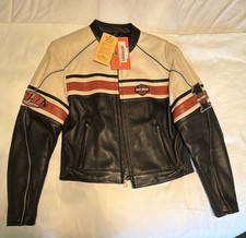 Harley-Davidson H-D Leather Jacket Black/Cream White Red Stripe Size M