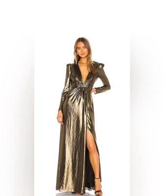Rachel Zoe Rosalee Metallic Gold Lame long-sleeve Maxi Gown - size 6 | eBay