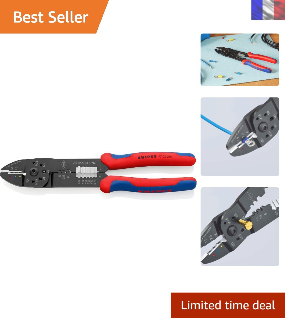 Pince à sertir Knipex 97 22 240 contre les faux contacts électriques de 0,5-6mm²