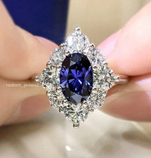2 Ct Simulated Oval Cut Blue Sapphire Halo Engagement Ring 925 Silver For Her